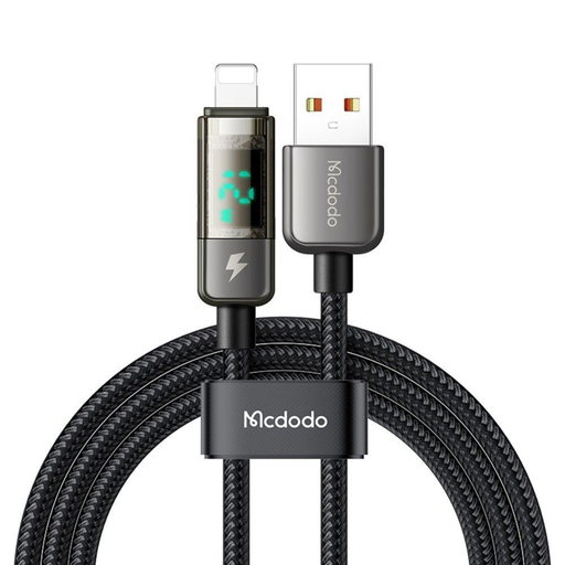 Mcdodo - Adatkábel (CA-3620) - USB-A-ról Lightning-re, 3A, Digitális kijelző, Automatikus kikapcsolás, Átlátszó kivitel, 1.2m - Fekete