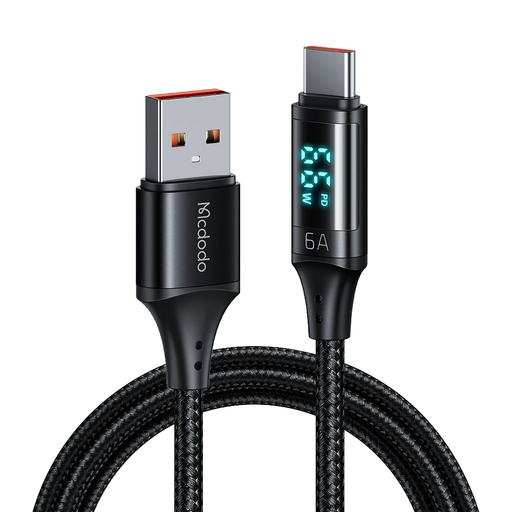 USB 2.0 - Type-C Digitális Kijelzővel, Nylon Fonott, Alumínium Ötvözet, 6A, 1.2m - Fekete Mcdodo - Data Cable (CA-1080)