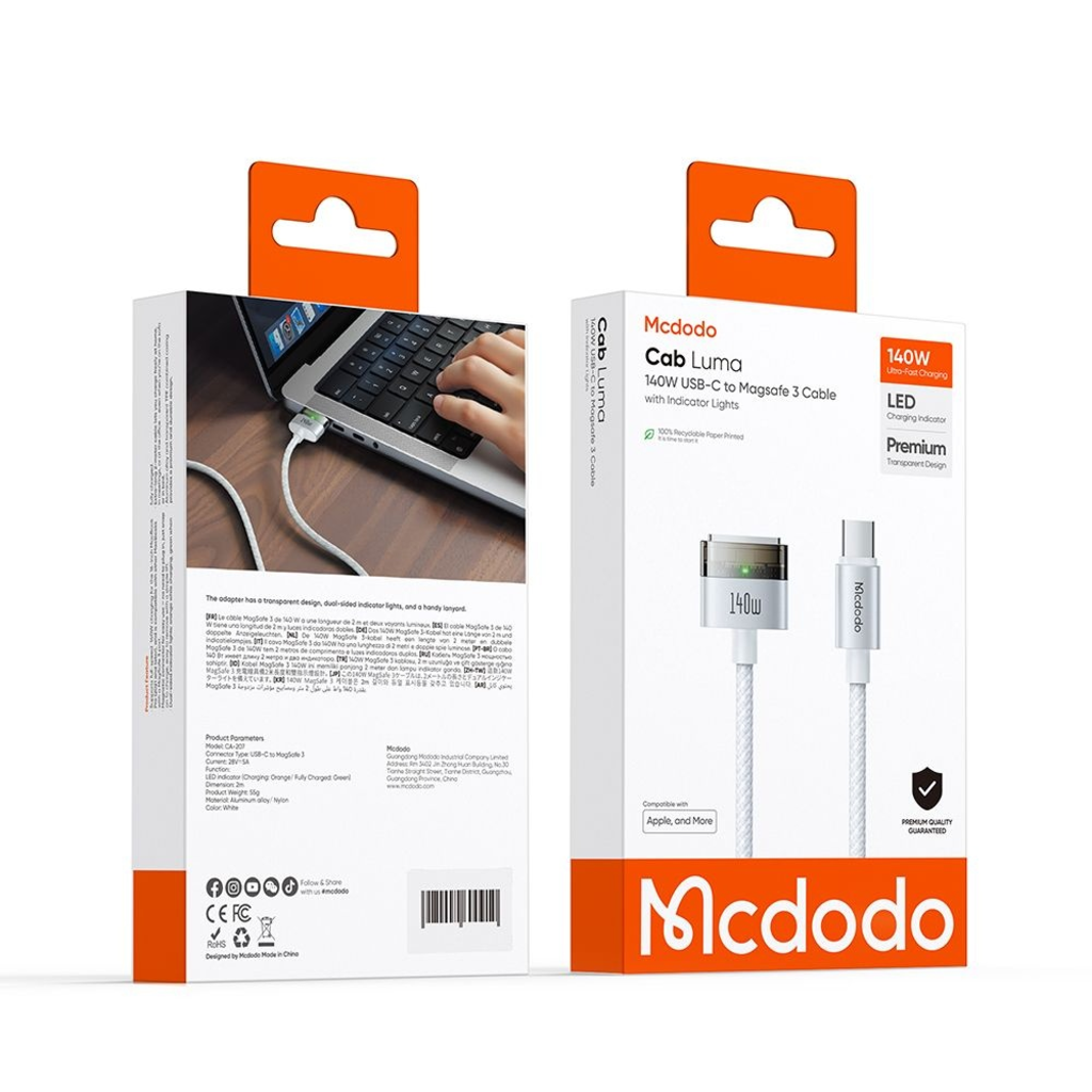 Mcdodo Mágneses kábel (CA-2071) - USB-C és MagSafe 3 között, 140W, LED jelző, 2m - Fehér - 7