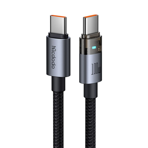Mcdodo CA-5580 Adatkábel - Töltési fénnyel, USB-C-ről USB-C-re, Átlátszó kábel, 100W, 1,2m - Fekete