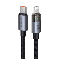 Data Cable (CA-6940) USB-C - Lightning, Átlátszó Kábel, 36W, 1,2m - Fekete, Töltési Fénnyel Mcdodo