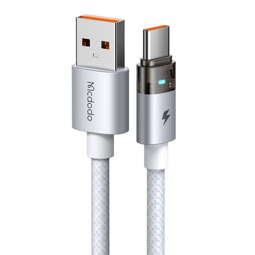Data Cable Mcdodo CA-6892 Töltőkábellel és Töltésjelző Fénnyel, USB-C - USB-A, Átlátszó Kábel, 6A, 1.2m, Fehér