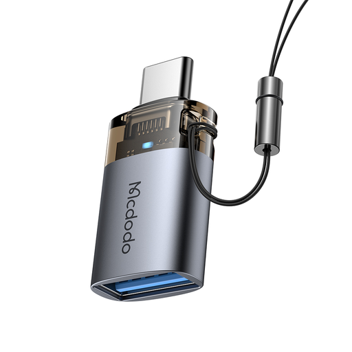 Mcdodo OTG Adapter (OT-7400) USB3.0 to Type-C, Aluminium Alloy, Töltés és Adatszinkronizálás, 5 Gbps, Kék Fény, Nyakpánt - Fekete