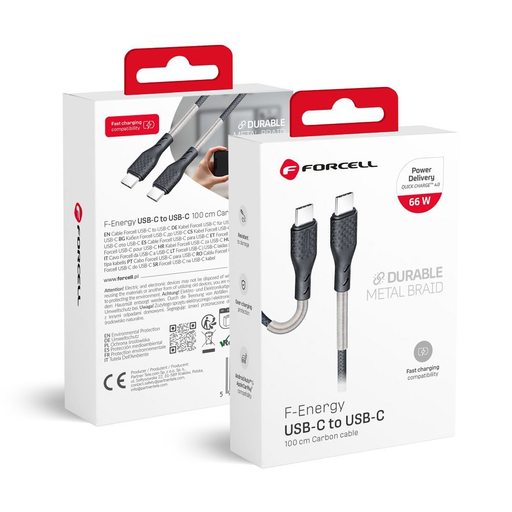 Forcell F-Energy QC4.0 PD 5A 66W Carbon 1 m CB-02C fekete Type-C USB kábel
