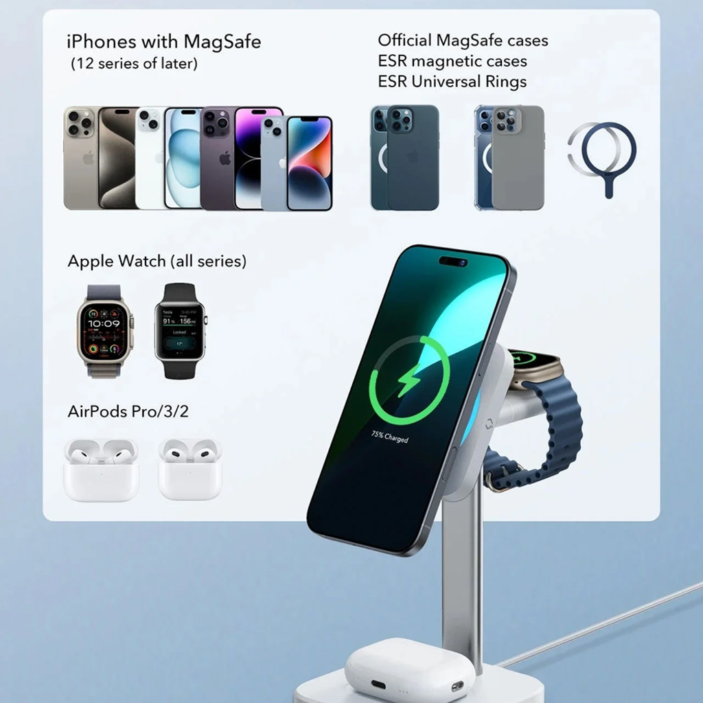 ESR CryoBoost Töltőállomás (2C5880861) - Adapterrel, Levehető Óratöltővel, Qi2.2, 35W Apple Eszközökhöz fekete - 8