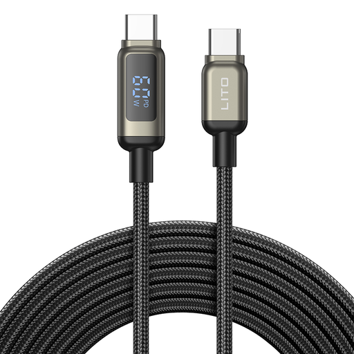 Type-C to Type-C Lito - Data Cable (LD15), Gyors Töltés, Fonott Nylon, 60W, LED Kijelző - Fekete
