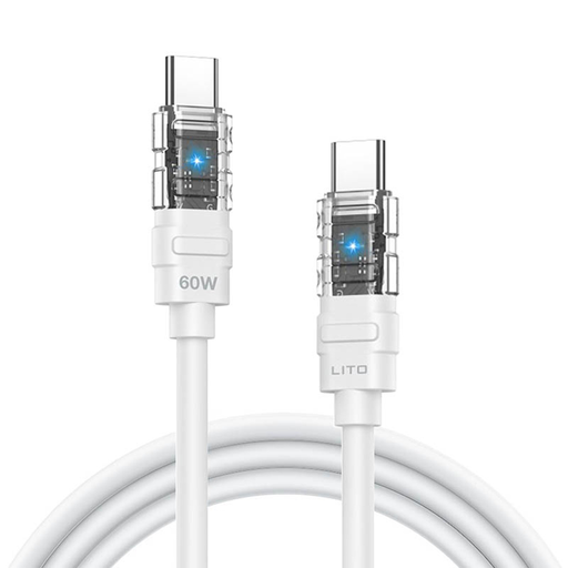 Lito Mechanikus Adatkábel (LD05) - Type-C to Type-C, Gyors Töltés 60W, Átlátszó Fej, LED - Fehér