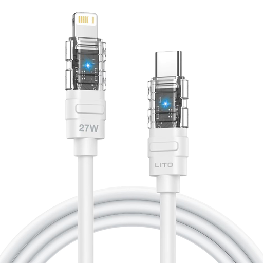 Type-C to Lightning Lito Data Cable Mechanical (LD05) - Gyors töltés 27W, Átlátszó fej, LED - Fehér