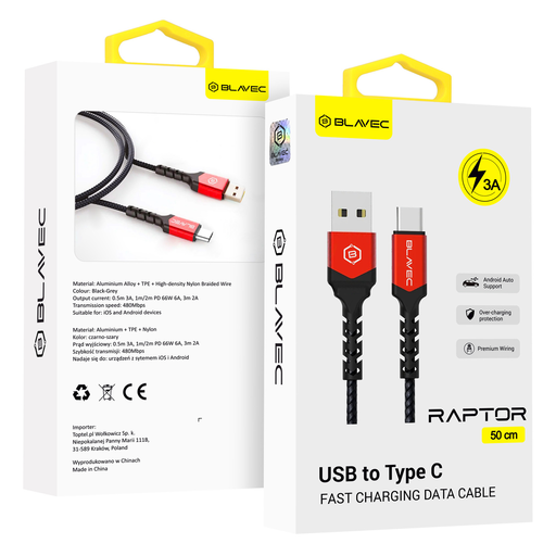 Blavec Cable Raptor fonott - USB Type-C - 3A 0,5 méter (CRA-UC3BR05) fekete-piros