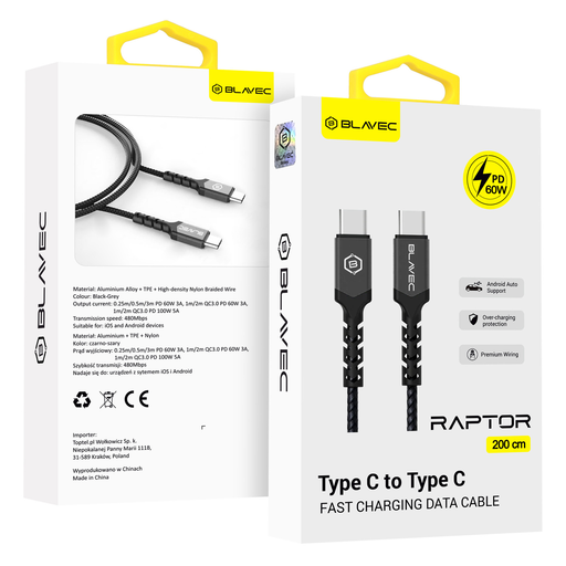 Blavec Cable Raptor fonott - Type C to Type C - PD 60W 3A 2 méter (CRA-CC3BG20) fekete-szürke