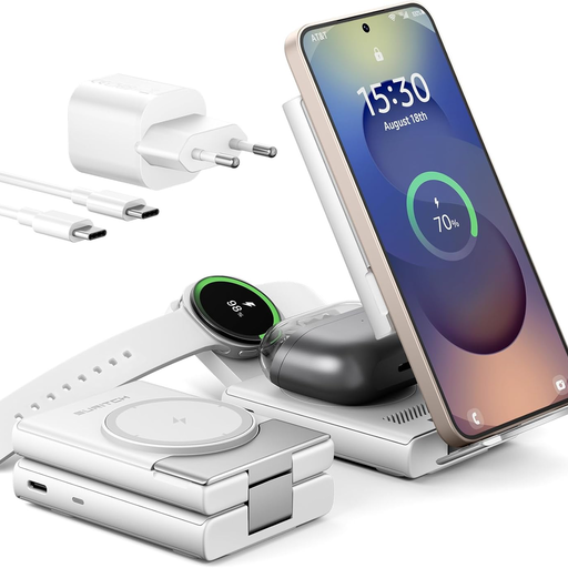 SURITCH 3in1 töltőállomás Samsunghoz, 15W összecsukható vezeték nélküli – Galaxy S26/S25/S24/S23/S22/S21/Z, Galaxy Watch 7/6/5/4/3 és Galaxy Buds, fehér (EU)
