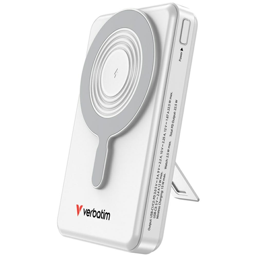 Powerbank Verbatim Charge 'n' Go 10000mAh állványos mágneses vezeték nélküli TFT kijelző 2xUSB-C kábellel ezüst