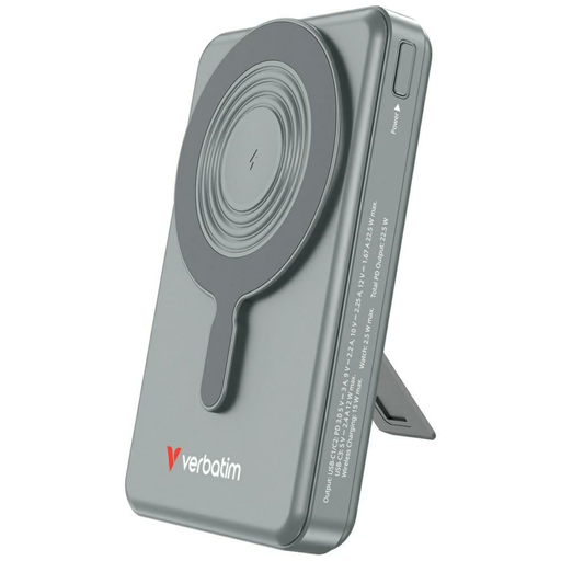 Verbatim Charge n Go Powerbank 10000mAh tartóval Mágneses Vezeték nélküli TFT kijelző 2xUSB-C kábel szürke