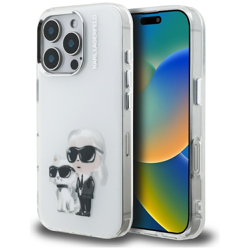 iPhone 16 Pro Max Karl Lagerfeld IML Aquarelle Karl & Choupette & Logo fehér tok