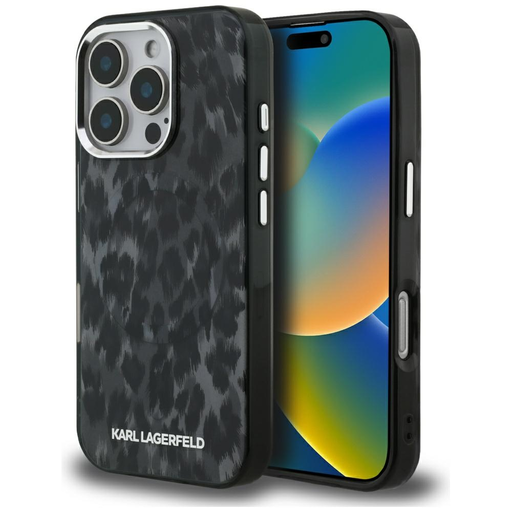 iPhone 16 Pro Max Karl Lagerfeld IML Leopárd Minta MagSafe tok fekete