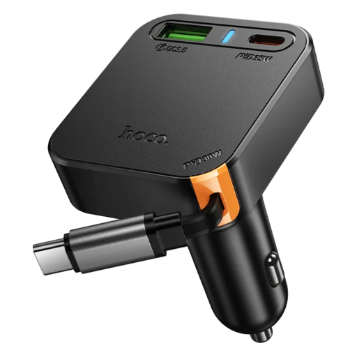 Autós töltő Hoco NZ18, 65W, 3A, 1 x USB-A - 1 x USB-C, USB-C kábellel, Fekete