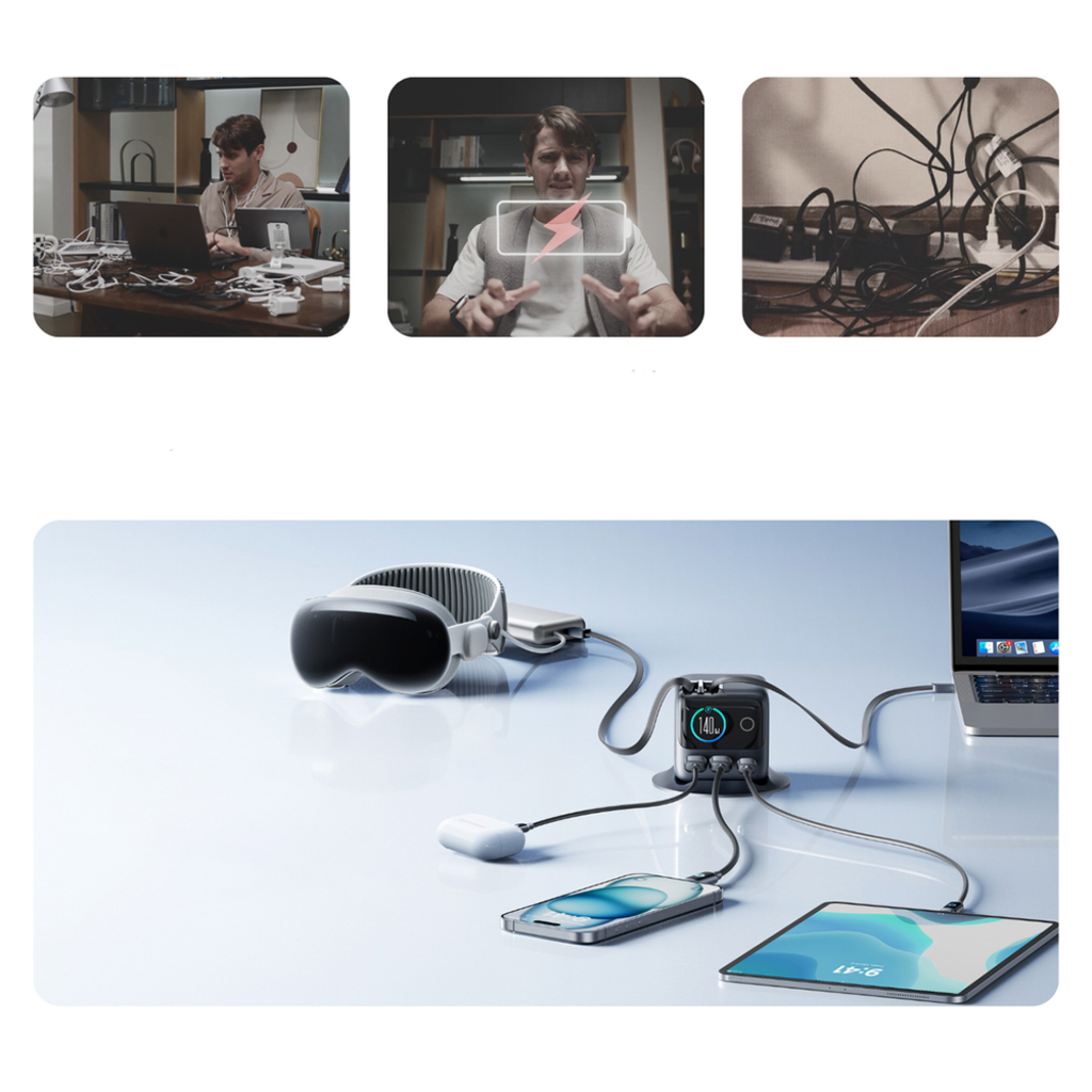 Joyroom Podix JR-TRD01 GaN 140W Asztali Töltő 5 Porttal és Két Automatikusan Visszahúzható Kábellel - Szürke - 12