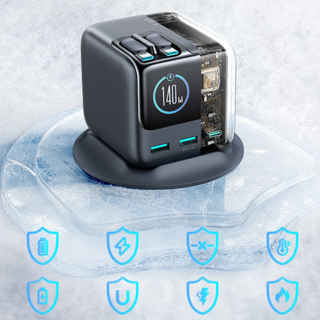 Joyroom Podix JR-TRD01 GaN 140W Asztali Töltő 5 Porttal és Két Automatikusan Visszahúzható Kábellel - Szürke - 8