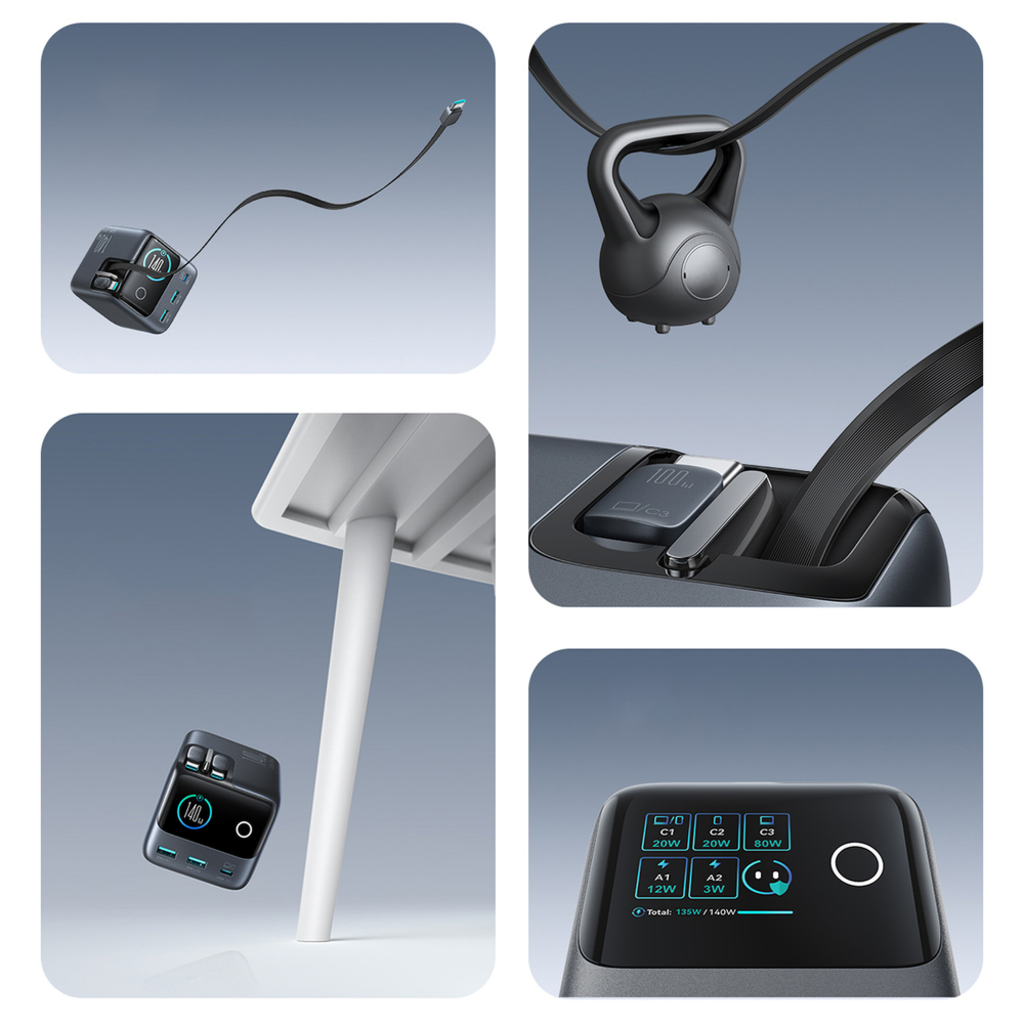 Joyroom Podix JR-TRD01 GaN 140W Asztali Töltő 5 Porttal és Két Automatikusan Visszahúzható Kábellel - Szürke - 9