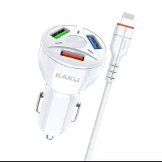 KAKU Univerzális autós töltő 20W 4,8A QC3.0 3xUSB + Lightning kábel fehér (KSC-493)
