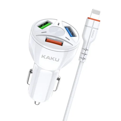 KAKU Univerzális autós töltő 20W 4,8A QC3.0 3xUSB + Lightning kábel fehér (KSC-493)