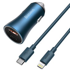 Baseus Golden Contactor Pro Autós szivargyújtós töltő USB Type-C / USB 40W PD3.0 QC4.0+ SCP FCP AFC + Lightning kábel kék (TZCCJD-03)