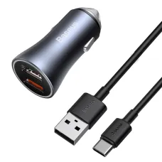 Baseus Golden Contactor Pro Autós gyorstöltő 2xUSB 40W QC SCP FCP AFC + USB-A - USB Type-C kábel szürke (TZCCJD-A0G)