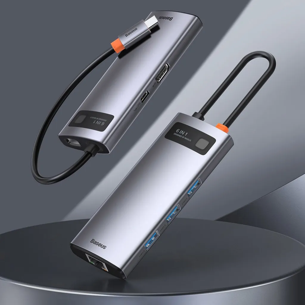 Baseus Metal Gleam 6in1 HUB USB Type-C - USB Type-C PD 100W / HDMI 4K 30Hz / 3x USB 3.2 Gen 1/ RJ45 1Gbps szürke (CAHUB-CW0G) - 12