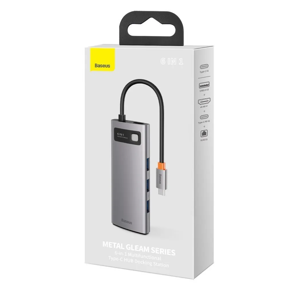 Baseus Metal Gleam 6in1 HUB USB Type-C - USB Type-C PD 100W / HDMI 4K 30Hz / 3x USB 3.2 Gen 1/ RJ45 1Gbps szürke (CAHUB-CW0G) - 7