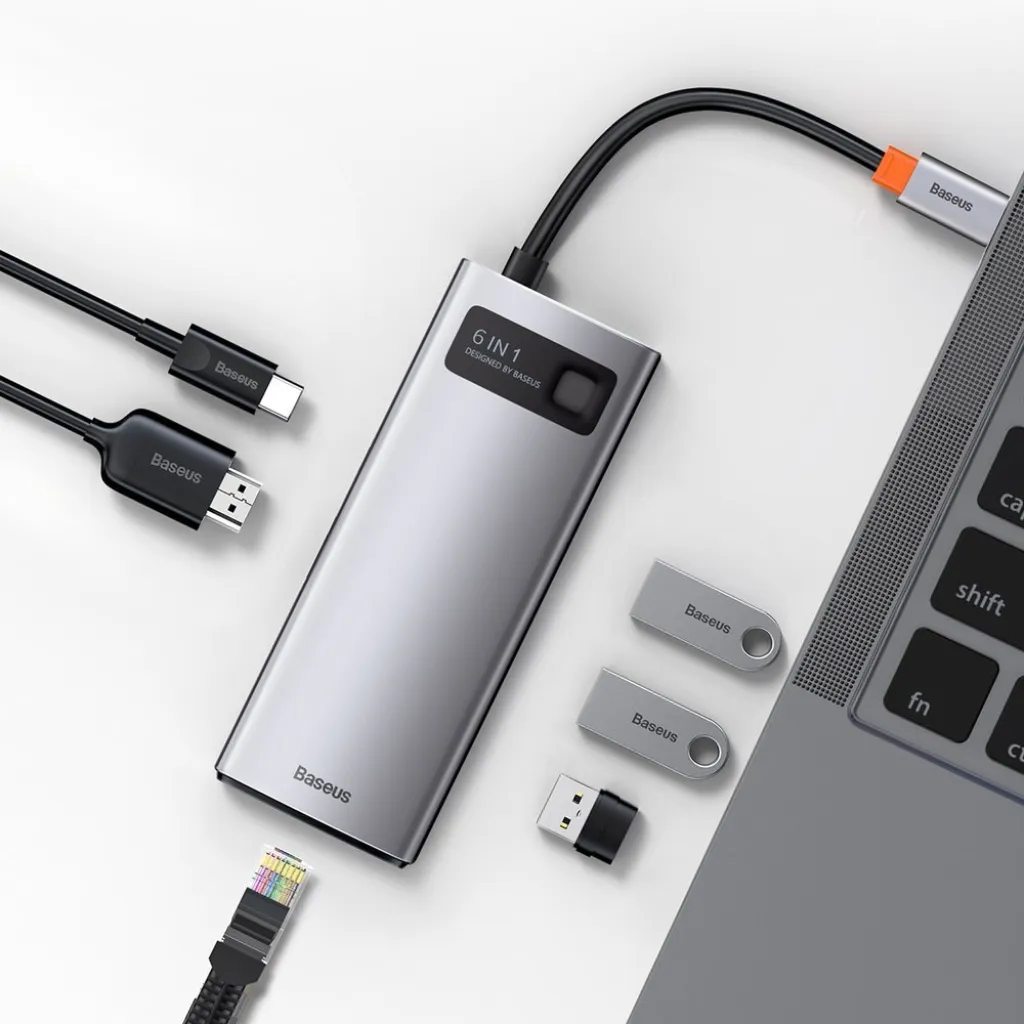Baseus Metal Gleam 6in1 HUB USB Type-C - USB Type-C PD 100W / HDMI 4K 30Hz / 3x USB 3.2 Gen 1/ RJ45 1Gbps szürke (CAHUB-CW0G) - 10