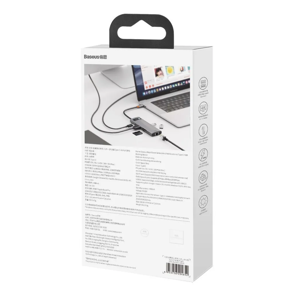 Baseus Metal Gleam 8in1 HUB USB Type-C - USB Type-C PD 100W / HDMI 4K 30Hz / 3x USB 3.2 Gen 1/ RJ45 1Gbps/ SD és MicroSD kártyaolvasóval szürke (CAHUB-CV0G) - 11