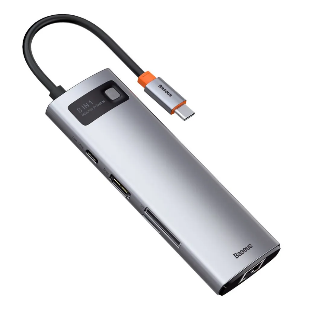 Baseus Metal Gleam 8in1 HUB USB Type-C - USB Type-C PD 100W / HDMI 4K 30Hz / 3x USB 3.2 Gen 1/ RJ45 1Gbps/ SD és MicroSD kártyaolvasóval szürke (CAHUB-CV0G) - 1