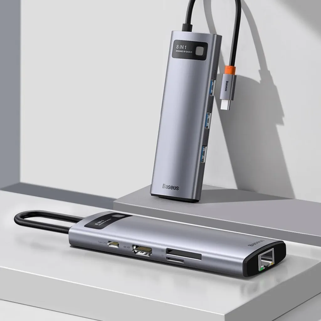 Baseus Metal Gleam 8in1 HUB USB Type-C - USB Type-C PD 100W / HDMI 4K 30Hz / 3x USB 3.2 Gen 1/ RJ45 1Gbps/ SD és MicroSD kártyaolvasóval szürke (CAHUB-CV0G) - 12