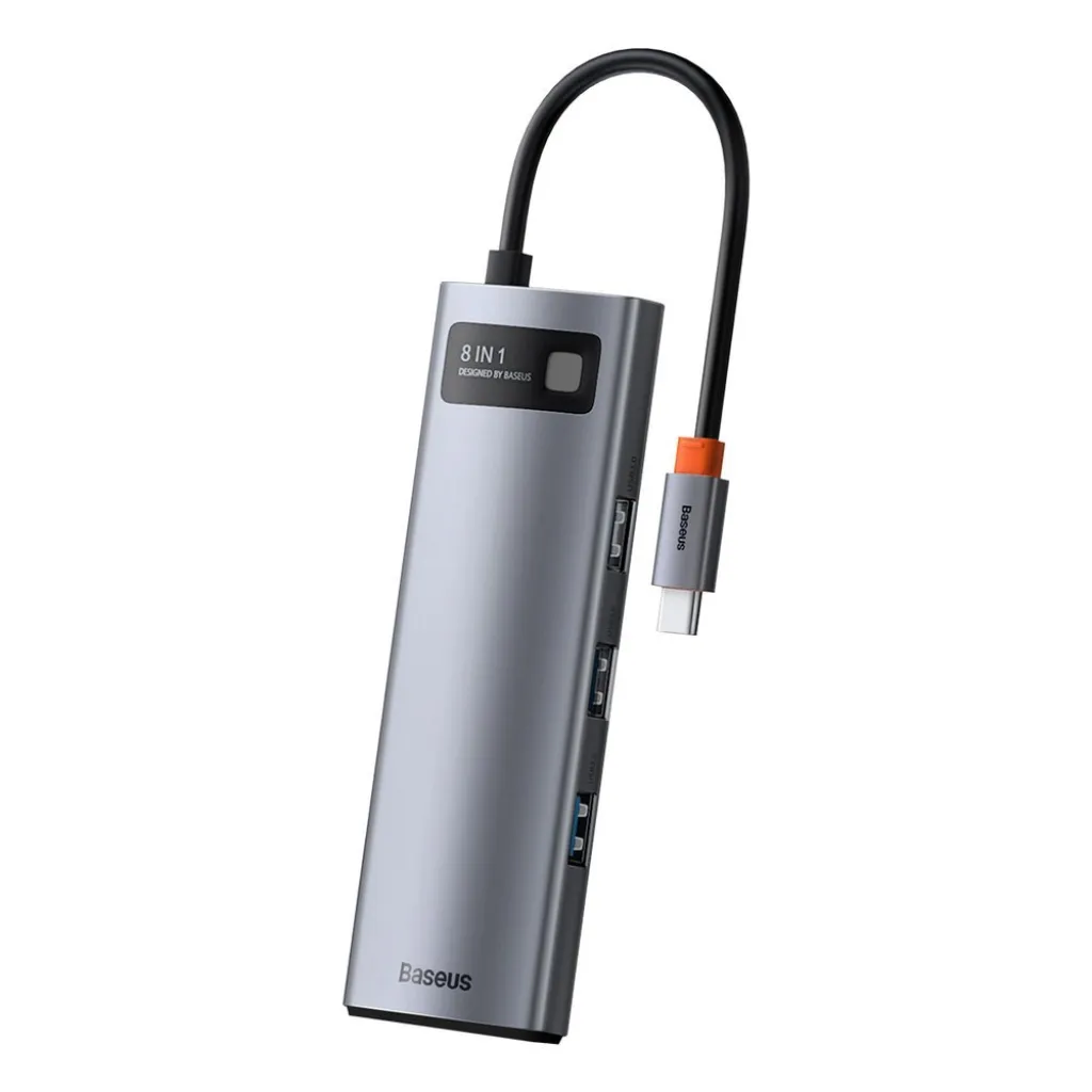Baseus Metal Gleam 8in1 HUB USB Type-C - USB Type-C PD 100W / HDMI 4K 30Hz / 3x USB 3.2 Gen 1/ RJ45 1Gbps/ SD és MicroSD kártyaolvasóval szürke (CAHUB-CV0G) - 3
