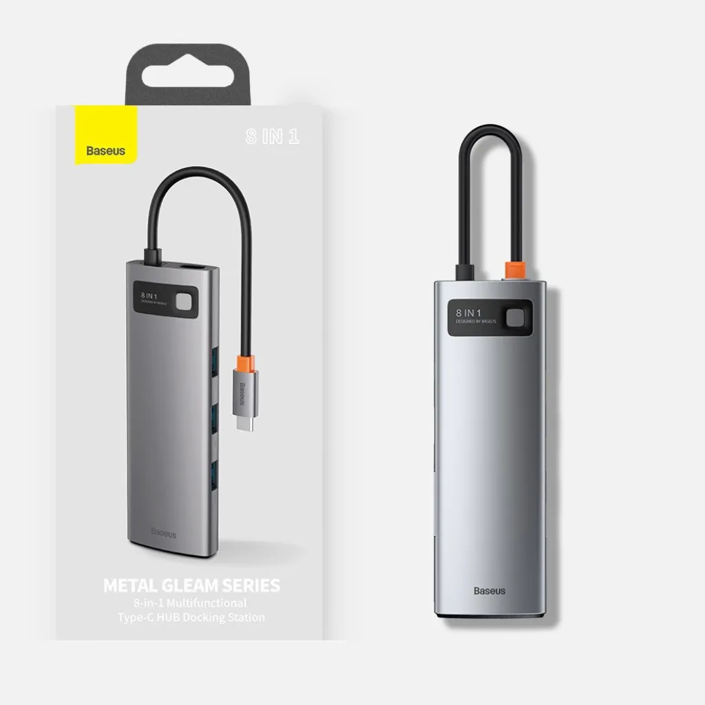 Baseus Metal Gleam 8in1 HUB USB Type-C - USB Type-C PD 100W / HDMI 4K 30Hz / 3x USB 3.2 Gen 1/ RJ45 1Gbps/ SD és MicroSD kártyaolvasóval szürke (CAHUB-CV0G) - 25