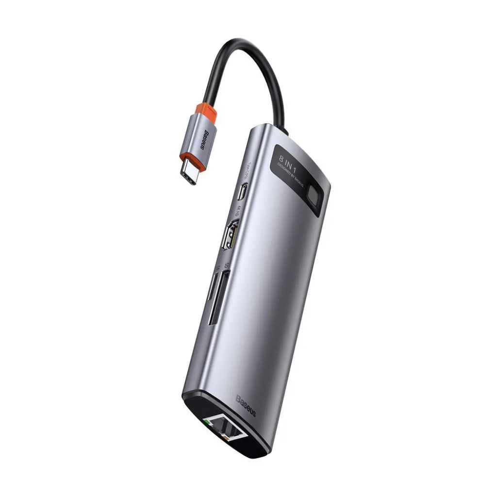 Baseus Metal Gleam 8in1 HUB USB Type-C - USB Type-C PD 100W / HDMI 4K 30Hz / 3x USB 3.2 Gen 1/ RJ45 1Gbps/ SD és MicroSD kártyaolvasóval szürke (CAHUB-CV0G) - 6