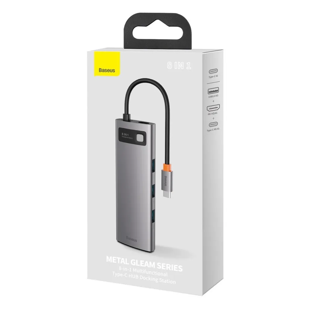 Baseus Metal Gleam 8in1 HUB USB Type-C - USB Type-C PD 100W / HDMI 4K 30Hz / 3x USB 3.2 Gen 1/ RJ45 1Gbps/ SD és MicroSD kártyaolvasóval szürke (CAHUB-CV0G) - 10
