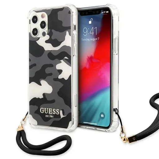 iPhone 12/ 12 Pro Guess GUHCP12MKSARBK Camo tok pánttal terepmintás fekete