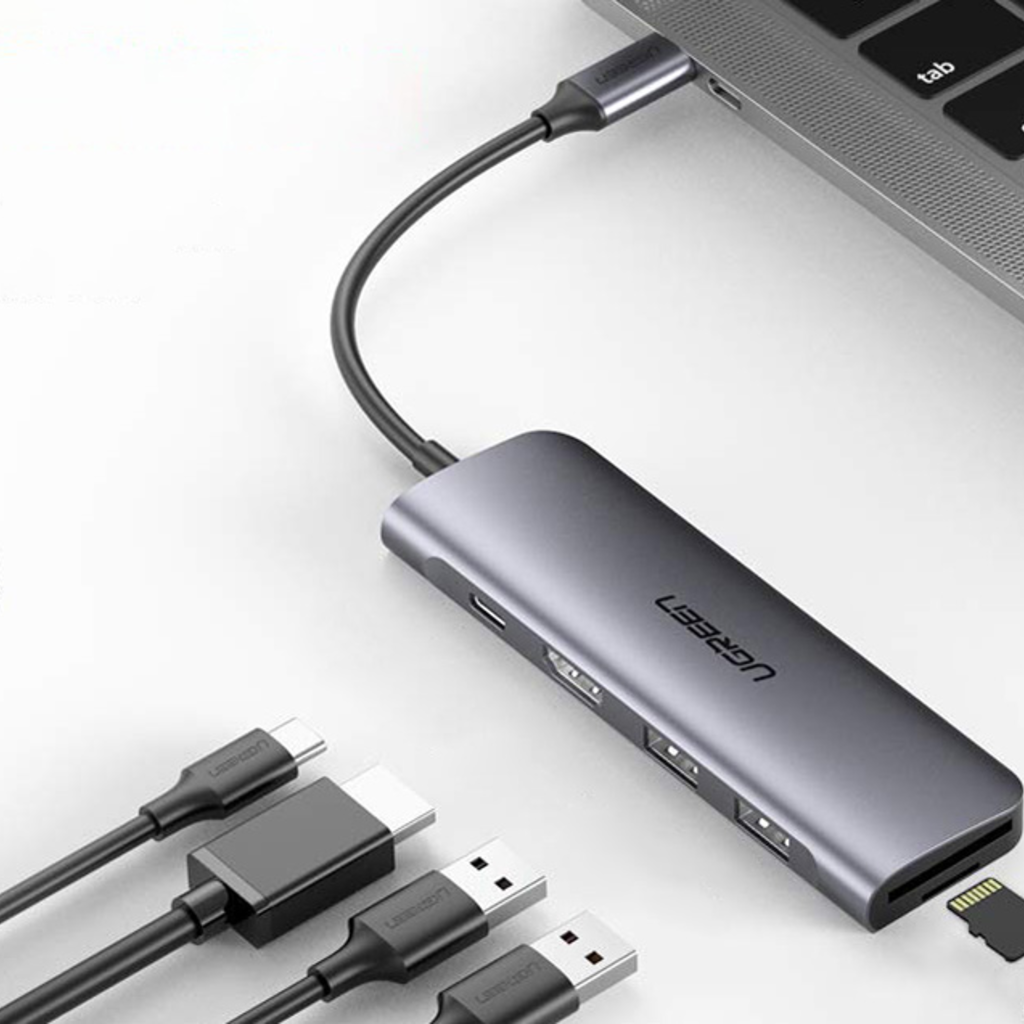 Ugreen 6w1 HUB adapter USB Type C - 2x USB 3.0 Gen 1 / USB Type-C PD 100 W / HDMI 4K / SD és micro SD (TF) kártyaolvasó szürke (CM195 70411) - 6