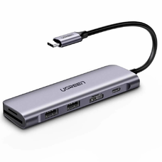Ugreen 6w1 HUB adapter USB Type C - 2x USB 3.0 Gen 1 / USB Type-C PD 100 W / HDMI 4K / SD és micro SD (TF) kártyaolvasó szürke (CM195 70411)