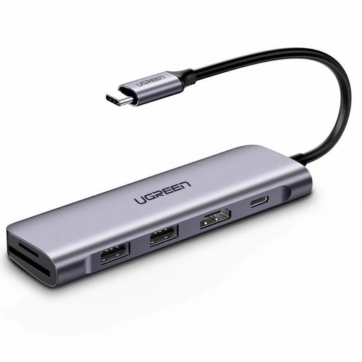 Ugreen 6w1 HUB adapter USB Type C - 2x USB 3.0 Gen 1 / USB Type-C PD 100 W / HDMI 4K / SD és micro SD (TF) kártyaolvasó szürke (CM195 70411)