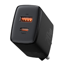 Baseus Compact hálózati töltő adapter USB Type-C / USB-A 20W 3A PD QC3.0 fekete (CCXJ-B01)