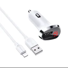 Borofone BZ15 Univerzális autós töltő LCD 2.4A 2x USB + Lightning kábel 1m fehér