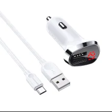 Borofone BZ15 Univerzális autós töltő LCD 2.4A 2x USB + Micro USB kábel 1m fehér