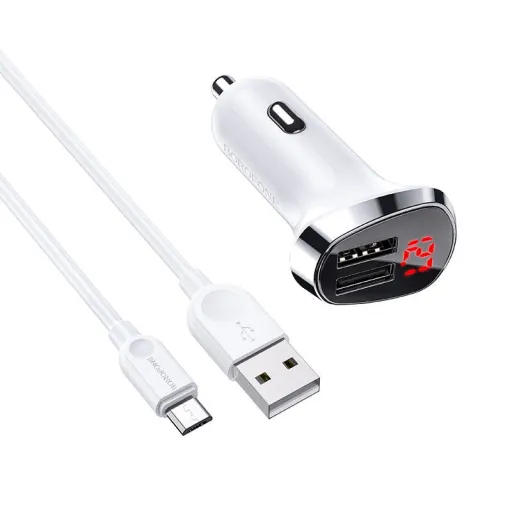 Borofone BZ15 Univerzális autós töltő LCD 2.4A 2x USB + Micro USB kábel 1m fehér