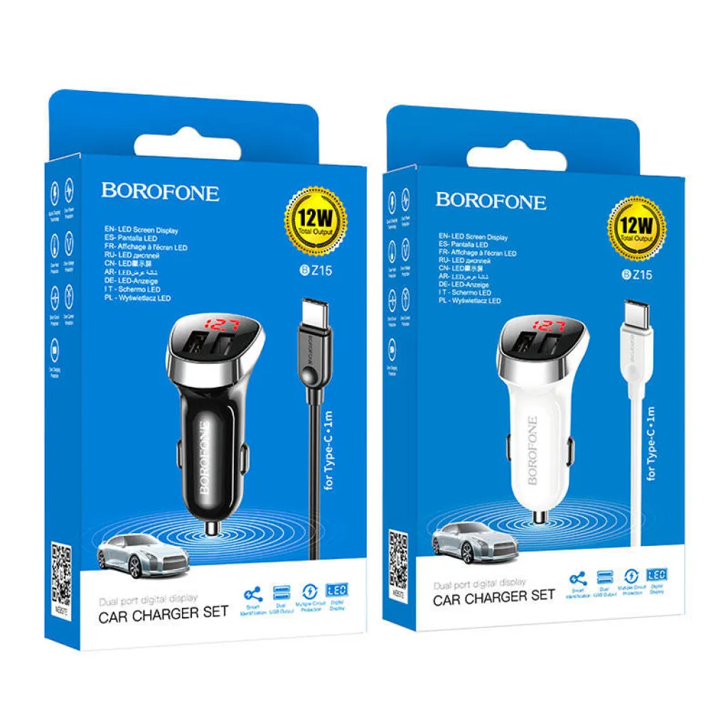 Borofone BZ15 Univerzális autós töltő LCD 2.4A 2x USB + Micro USB kábel 1m fehér - 20
