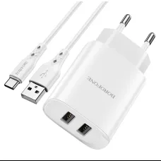 Borofone BN2 Hálózati töltő adapter 2xUSB 2.1A + USB Type-C kábel fehér