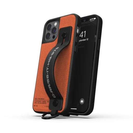 iPhone 12 / 12 Pro Diesel Utility Twill Handstrap tok pánttal fekete/ narancssárga