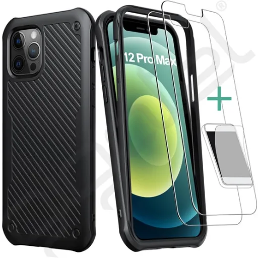 iPhone 12 Pro Max Defender Szilikon tok + Kijelzővédő üvegfólia fekete