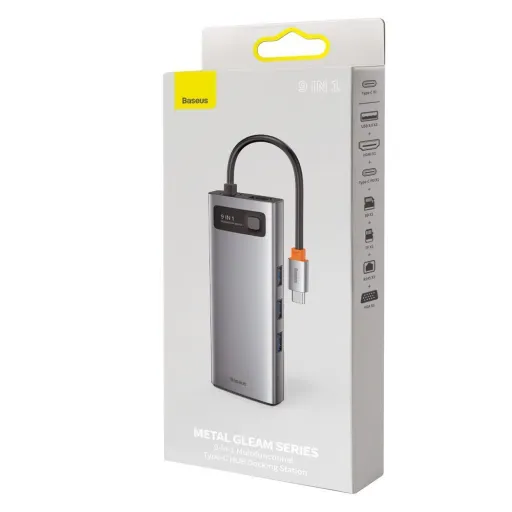 Baseus Metal Gleam 9in1 HUB USB Type C - 3x USB 3.2 Gen1 5Gbps / USB Type C PD 100W / VGA 1080p 60Hz / HDMI 4K 30Hz /  TF és SD kártyaolvasó/ RJ45 1Gbps szürke (CAHUB-CU0G)